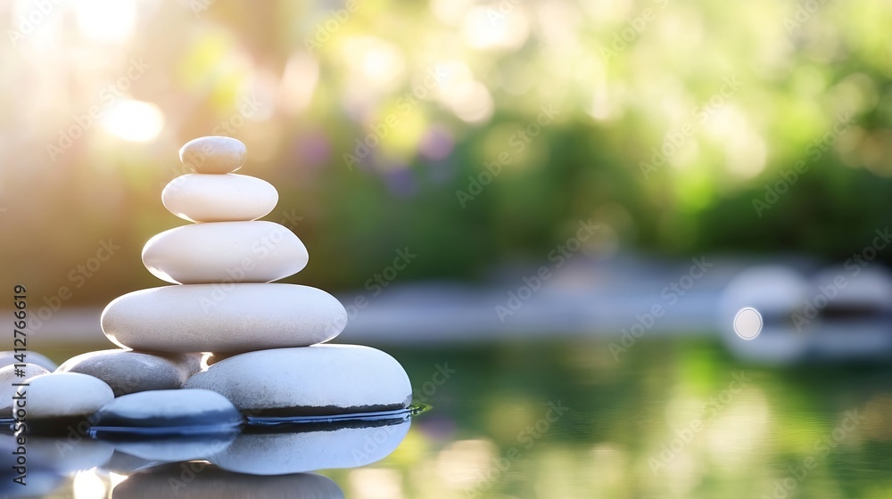 Poster serene stacked stones on a peaceful lake surrounded by lush greenery in soft light : generative ai