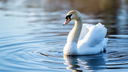 Naklejka premium Elegant white swan gracefully swimming on calm lake water reflecting the blue sky : Generative AI