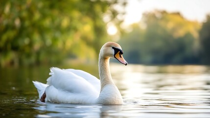 Fototapeta premium Elegant Swan Gliding Gracefully On Serene Water Amid Nature With Soft Light Reflection : Generative AI