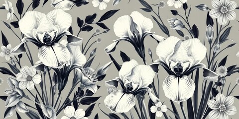 Obraz premium Monochrome irises, Art Nouveau & Art Deco floral seamless pattern Elegant Victorian botanical background, floral pattern, style