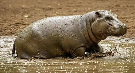 Pygmy Hippopotamus Leaving Muddy Wallow JPG - Skin Covered Mud Rare African Wildlife Behavior Photo
