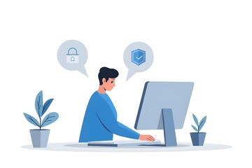 Flat Design of a Laptop User with Privacy Shield Symbol for Secure Online Access