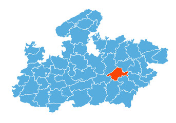 Obraz premium Jabalpur District map highlighted in Madhya Pradesh state map