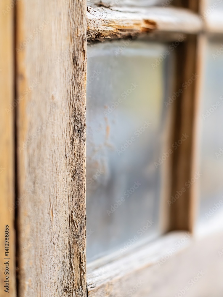 Poster close up of rustic wooden window frame with glass showcasing weathered textures and natural beauty :