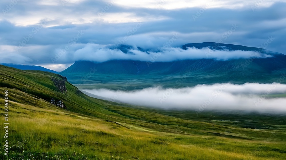 Poster majestic landscape view of mountains shrouded in clouds with fog covering lush green fields at early