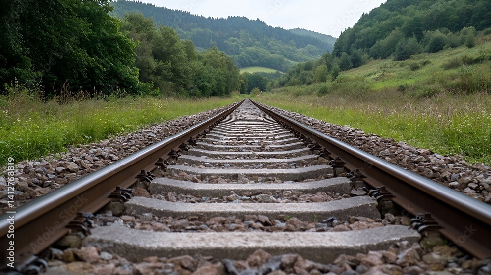 Poster endless railway tracks surrounded by lush green fields and hills in nature landscape : generative ai