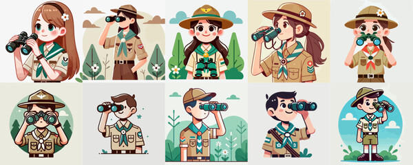 vector set of kids scouts with binoculars