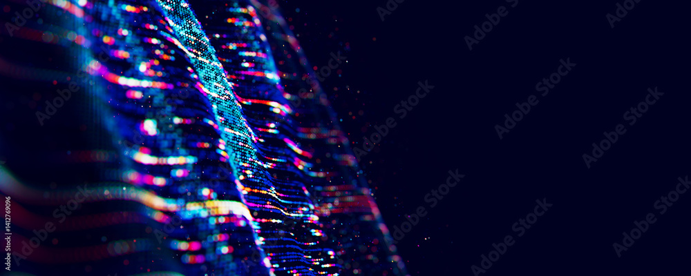 Poster Abstract Big data digital stream waves. Information flow concept. LLM learning process, AI technology. Quantum computing. 
