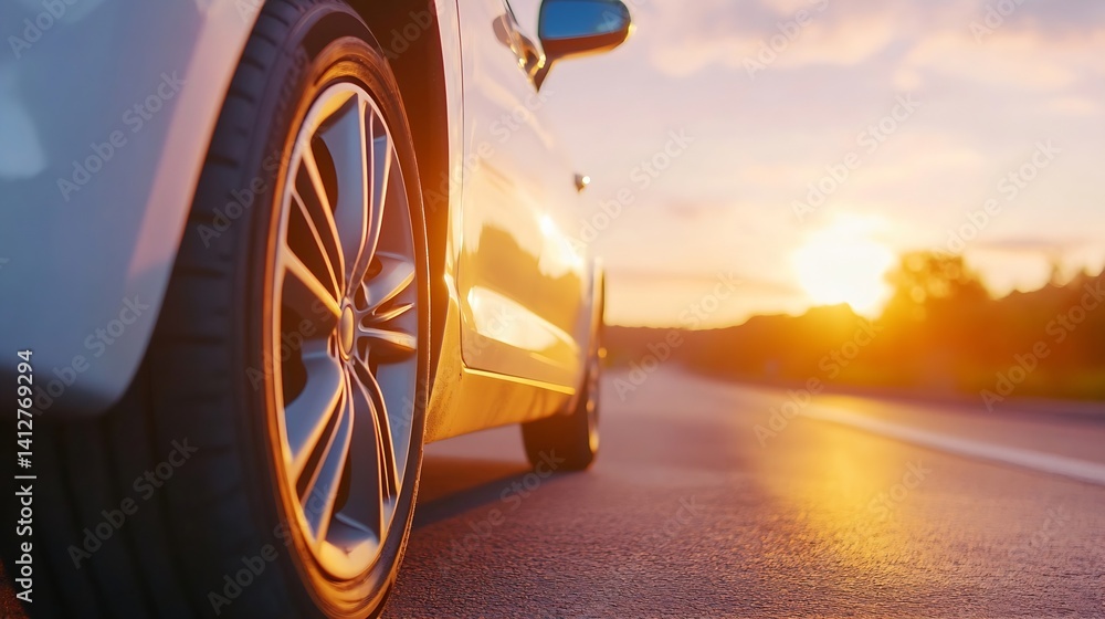 Aufkleber sunset over a scenic highway with close up view of car tire and road : generative ai