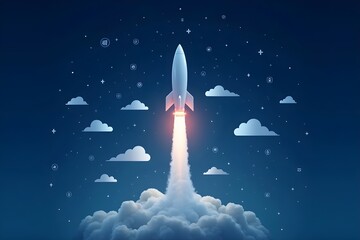 Digital Rocket Lift-Off Surrounded by Cloud Icons Representing Cloud Technology