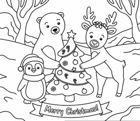 christmas, happy christmas, christmas coloring book, cute animal christmas coloring page, kids coloring, coloring page, coloring, cartoon, illustration, coloring book, vector, animal, drawing, sketch,