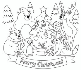 christmas, happy christmas, christmas coloring book, cute animal christmas coloring page, kids coloring, coloring page, coloring, cartoon, illustration, coloring book, vector, animal, drawing, sketch,