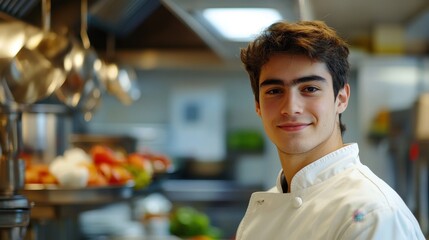 Fototapeta premium A young European male chef smiles confidently in a modern kitchen, showcasing his culinary skills and passion for food preparation amidst fresh ingredients.