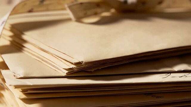Close-up of a stack of aged, slightly crumpled brown envelopes, suggesting correspondence, history, or vintage mail with a warm, nostalgic tone in soft light
