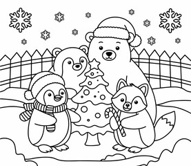 christmas, happy christmas, christmas coloring book, cute animal christmas coloring page, kids coloring, coloring page, coloring, cartoon, illustration, coloring book, vector, animal, drawing, sketch,