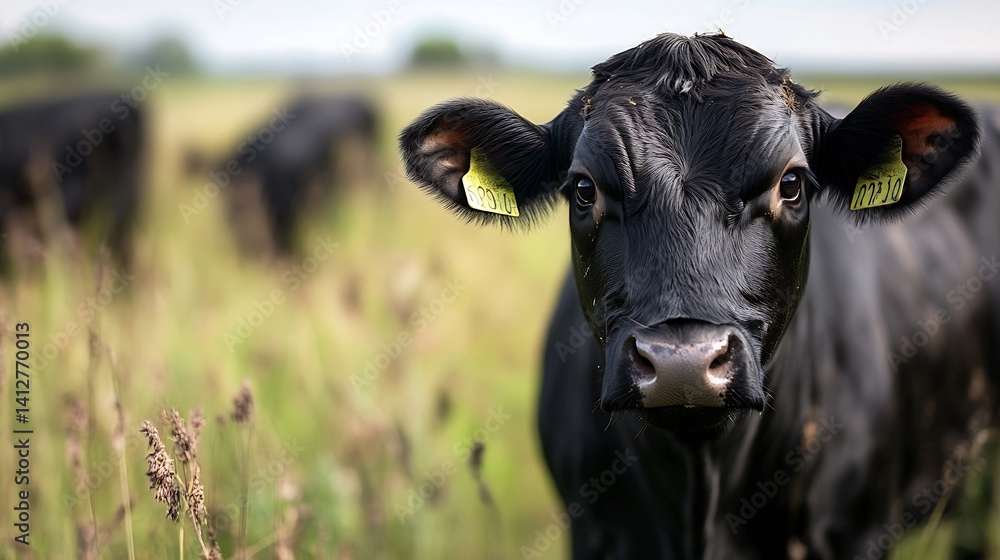 Poster black cow standing in field under clear sky with green grass in background : generative ai