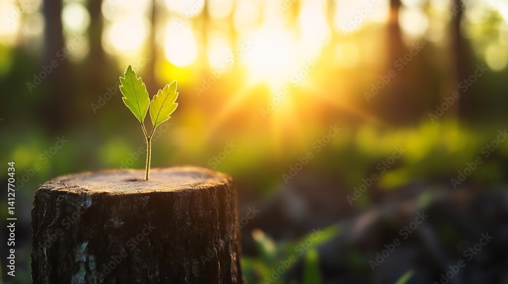 Poster a young green sprout emerging from a tree stump illuminated by warm sunlight in a forest environment