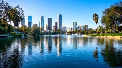 Obraz premium Breathtaking City Skyline Reflected In A Calm Lake Surrounded By Lush Greenery In Bright Sunlight : Generative AI