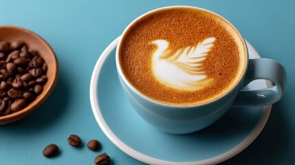 Artistic Coffee Beverage with Elegant Milk Foam Design and Coffee Beans on Blue Surface