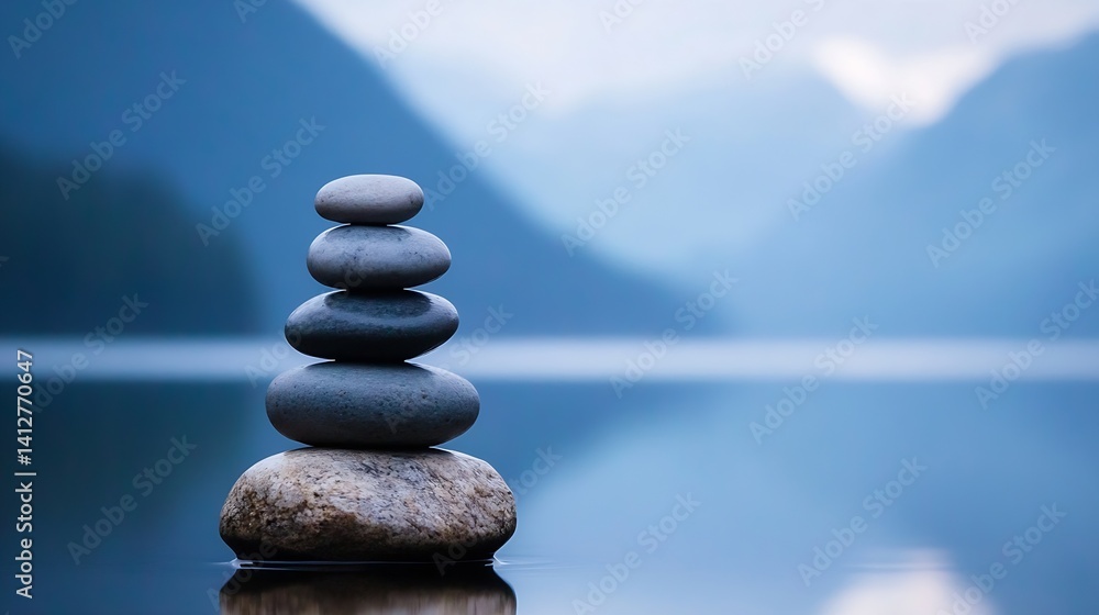 Aufkleber Serene Stacked Stones on Calm Water with Mountains in Background Perfect for Meditation and Tranquility : Generative AI
