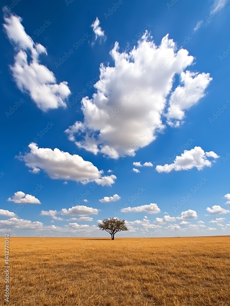 Aufkleber lonely tree on a vast grassland under a bright blue sky with fluffy clouds : generative ai