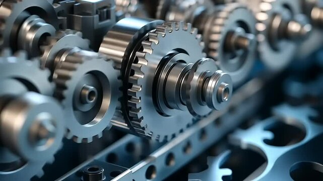 Close-up of intricate metallic gears interlocking in a machine, showcasing engineering precision and design