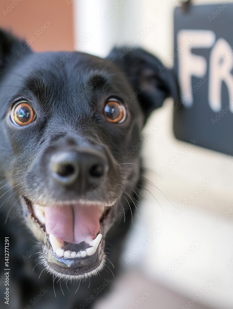 Poster happy black dog smiling with joyful expression at the camera : generative ai