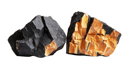 Two distinctive geological rock samples highlighting dark and light mineral composition on black background - obrazy, fototapety, plakaty