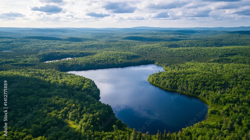 Poster aerial view of a serene forest landscape surrounding a tranquil lake in nature : generative ai
