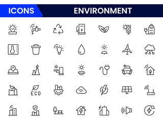 Ecology and Environment Related Vector Line Icons. Contains such Icons as Electric Car, Global Warming, Forest, Recycle, Nuclear power, Pollution.