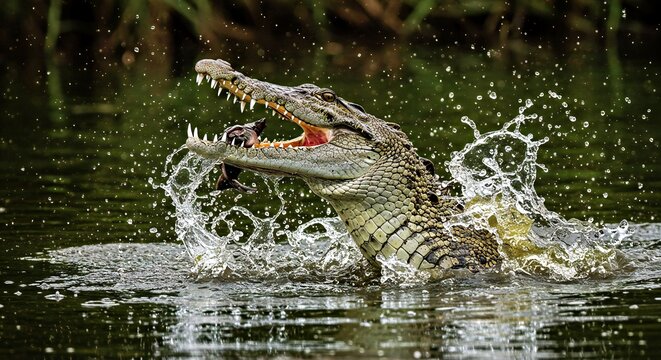 Saltwater Crocodile Lunging Water Catch Prey JPG - Powerful Jaws Attack Ambush Predator Wildlife Action Photo