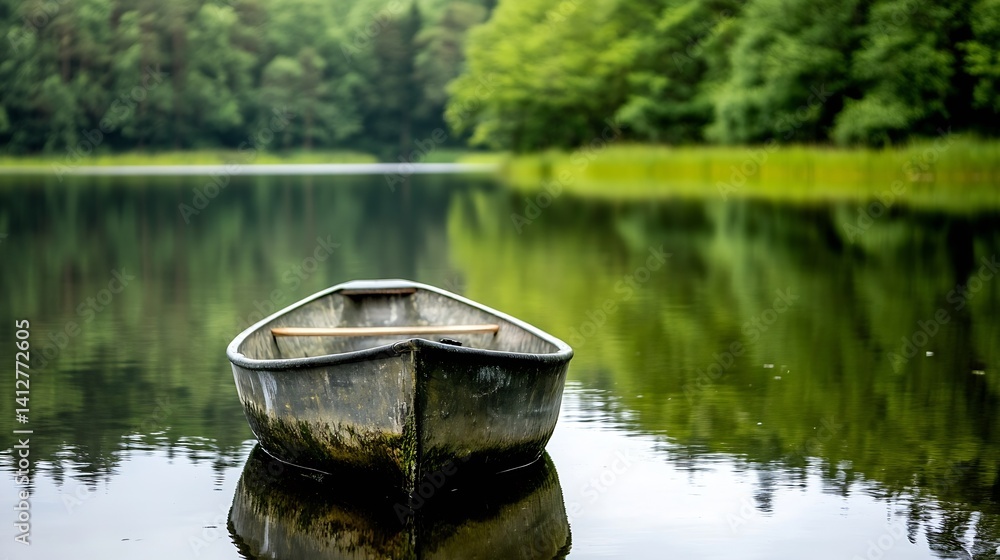 Poster abandoned rowboat floating peacefully on a reflective lake surrounded by lush green trees : generati