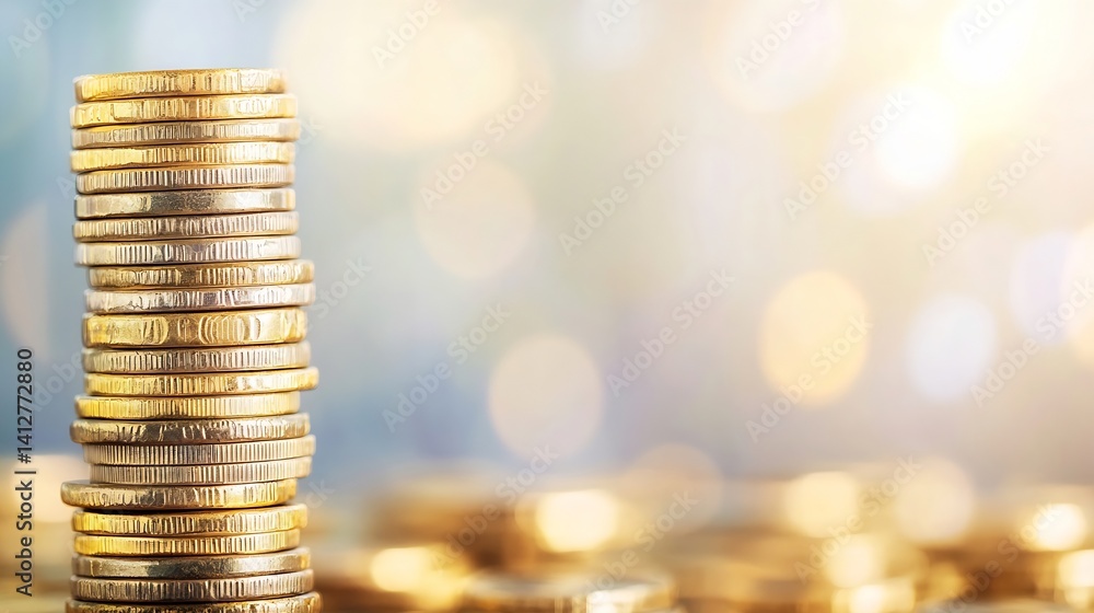 Poster pyramid of shining gold coins with blurred bokeh background highlighting richness and wealth : gener