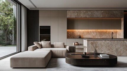 Modern Beige Living Room Interior Design with Stone Accents