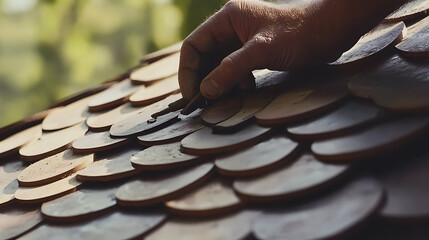 Roofing contractor replacing roof tiles on a house. Highlighting roof repair and home maintenance