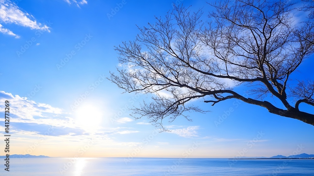 Poster beautiful sunrise over a calm seaside view with leafless tree silhouette : generative ai