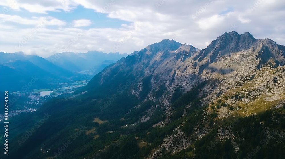 Poster aerial view of majestic mountain range with scenic landscapes under bright sky : generative ai
