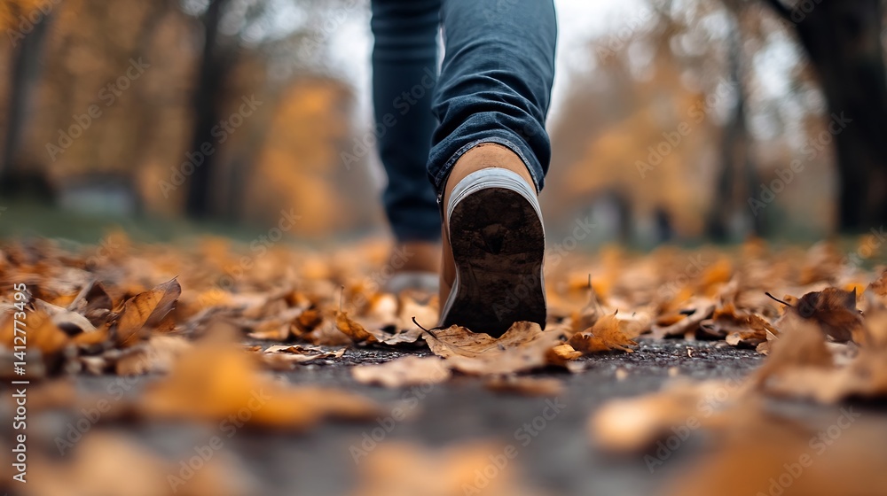 Poster walking through autumn leaves on a scenic path in a peaceful park setting : generative ai