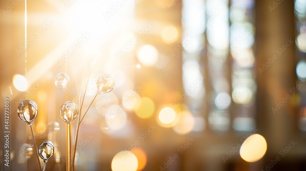 Poster glowing serenity soft light filtering through stained glass resonating with tranquility and beauty :