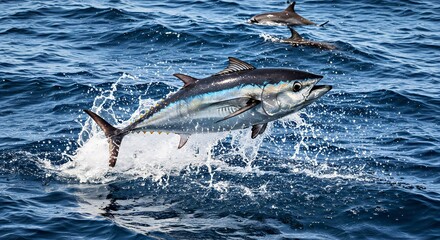 Fototapeta premium Skipjack Tuna Bursting Water Pursued Dolphins JPG - Surface Shatters Ocean Chase Action Wildlife Photo