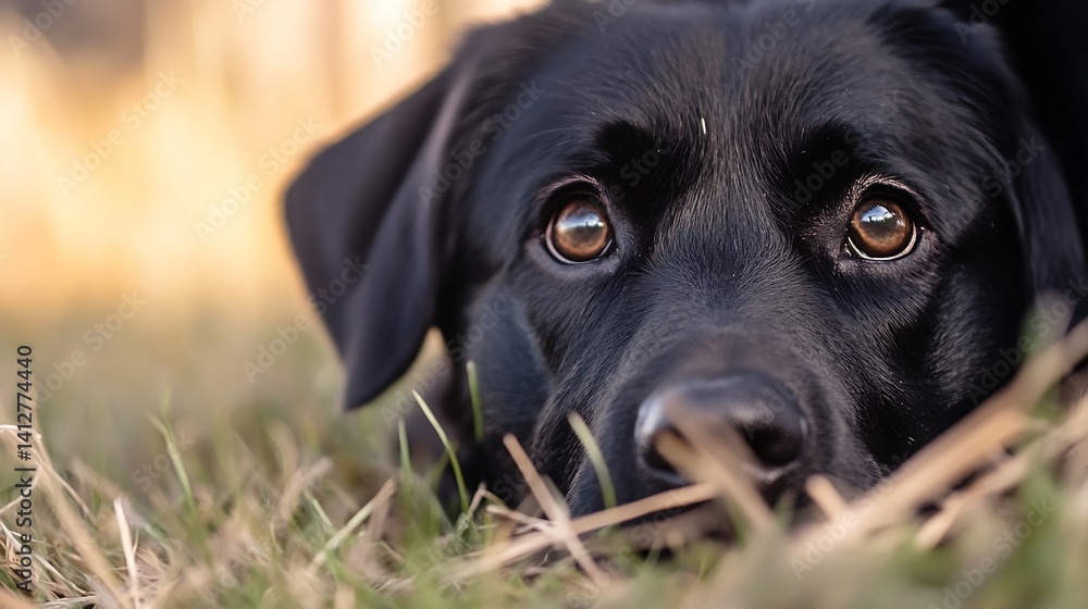 Poster close up view of black labrador dog with deep brown eyes relaxing in grassland : generative ai