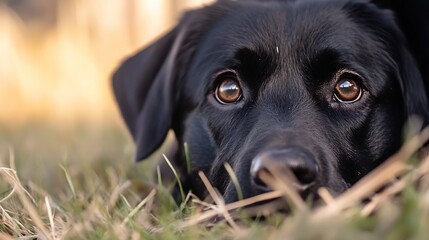 Close Up View of Black Labrador Dog with Deep Brown Eyes Relaxing in Grassland : Generative AI