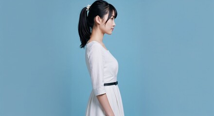 Side Profile of a Calm Young Woman Against Blue Background