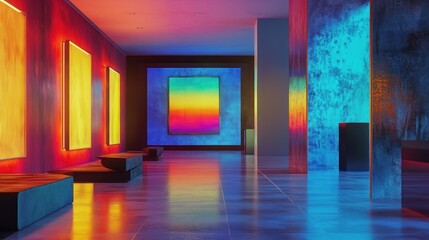 Luxury Art Gallery Interior with Vibrant Colors and Modern Design in 4K