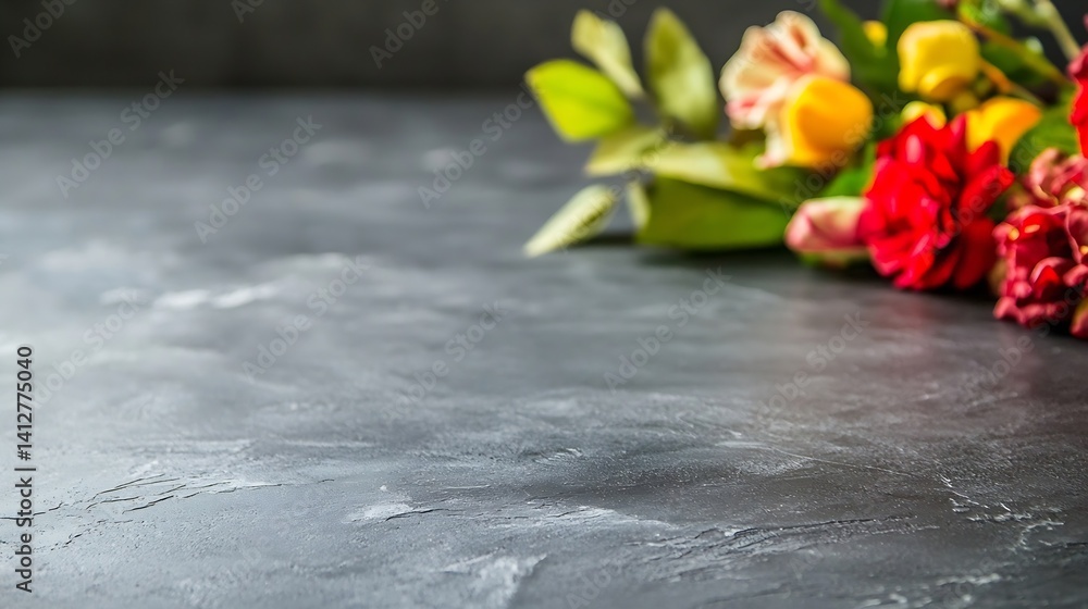 Poster top view of beautiful flowers on a rustic black surface : generative ai
