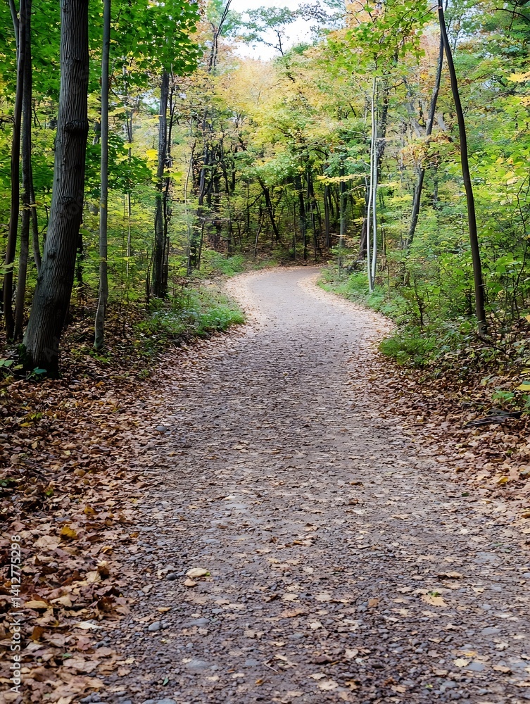 Poster Winding path through a colorful autumn forest inviting exploration and adventure : Generative AI