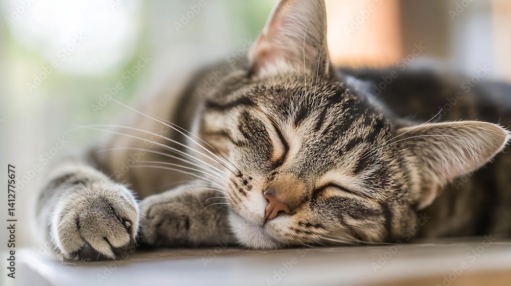 Fototapete lazy sleeping tabby cat with drowsy expression on a sunny day for animal lovers : generative ai