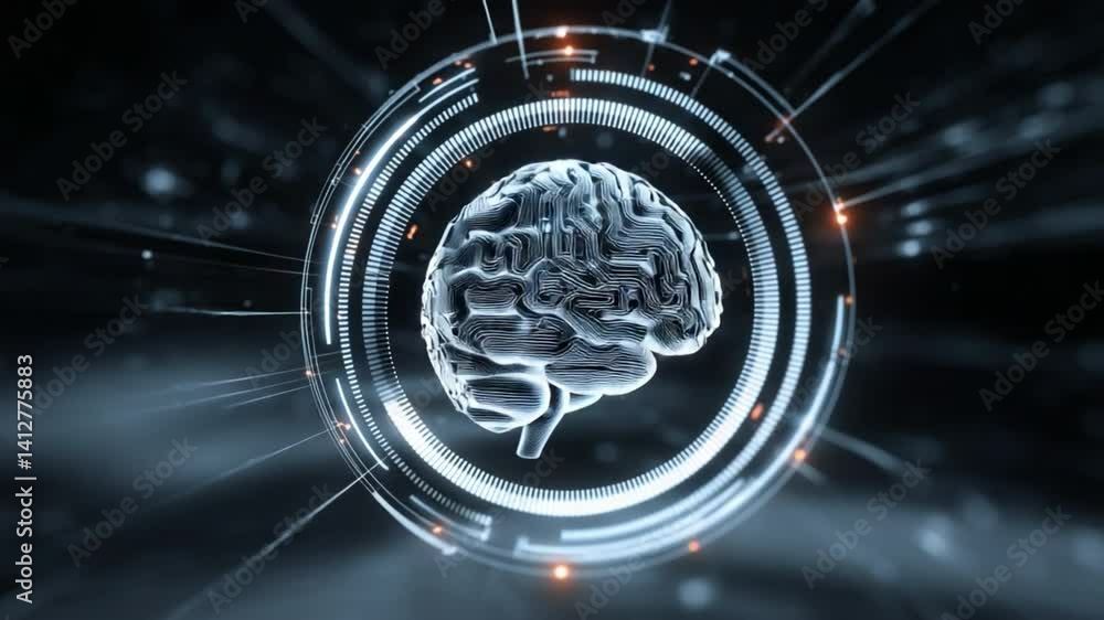 Poster a machine learning brain symbol designed with abstract circuitry, centered in a futuristic holograph