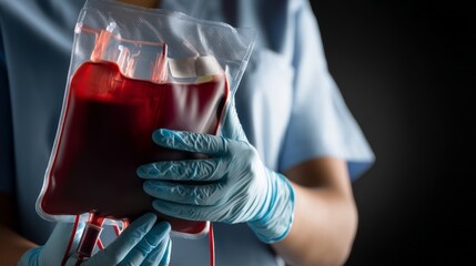 A medical professional holding a blood bag.