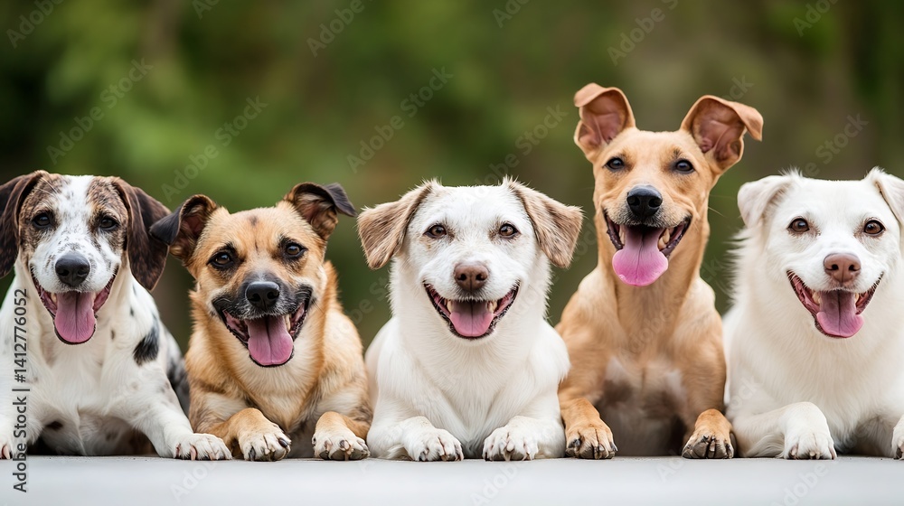 Poster five happy dogs laying together smiling with joy in nature : generative ai